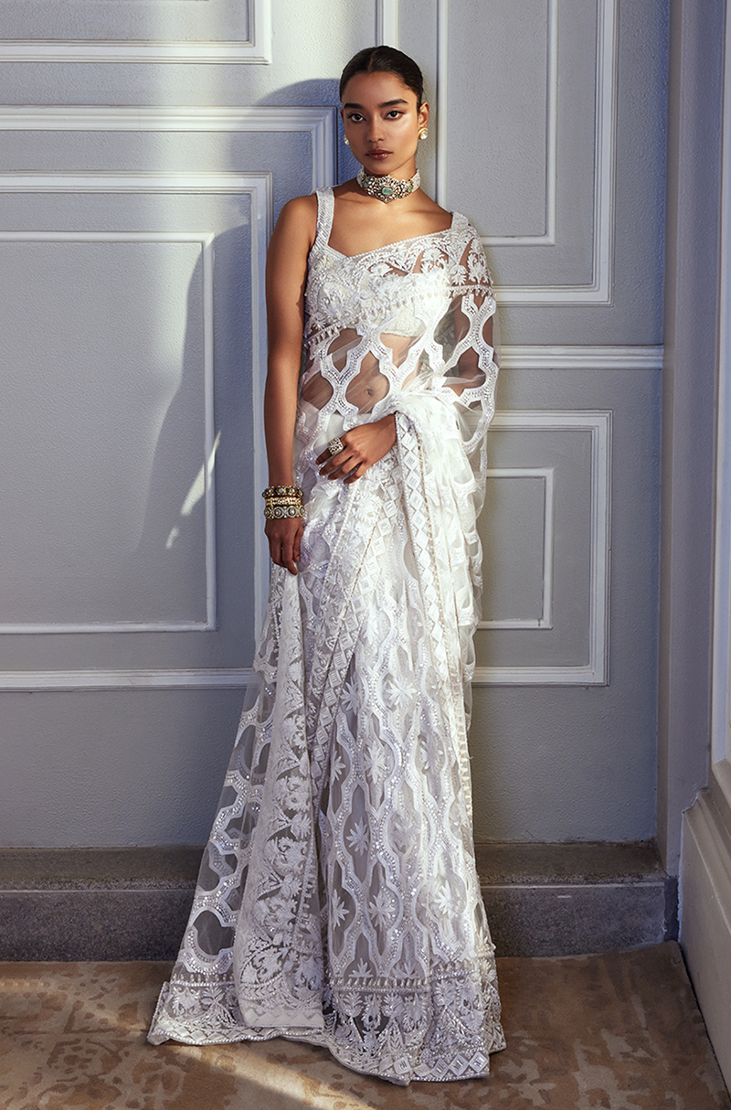 Oyster Tulle Kashmiri Embroidered Saree Set