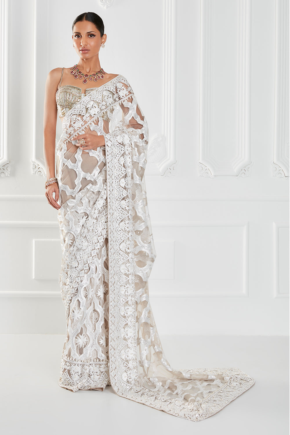 Oyster Tulle Kashmiri Embroidered Saree Set