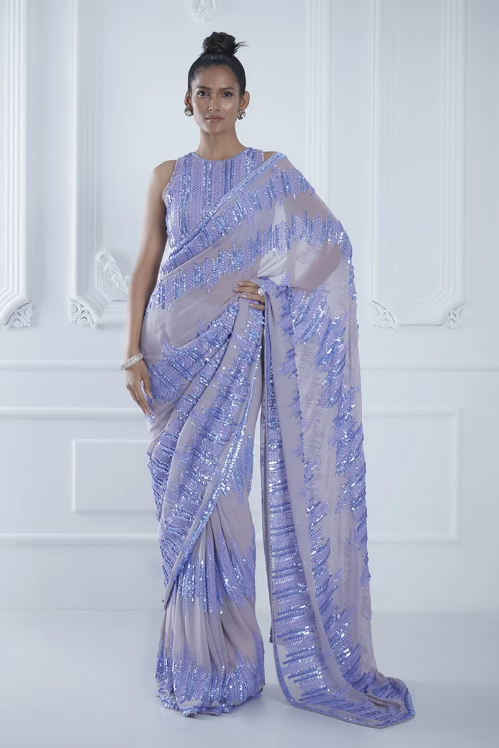 Lilac Sequin Metallic Saree Set