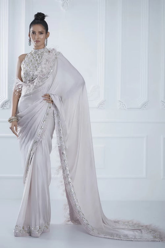 Gold Tulle Crystal Embellished Saree Set