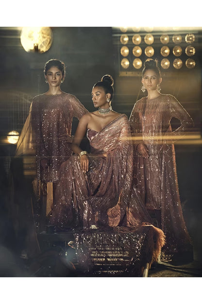 Brown Metallic Sequin and Feather Saree Set
