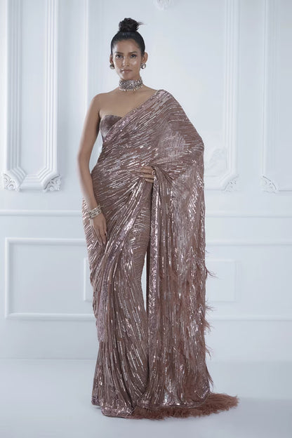 Brown Metallic Sequin and Feather Saree Set