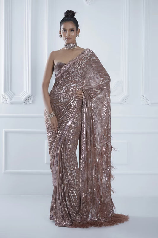 Brown Metallic Sequin and Feather Saree Set