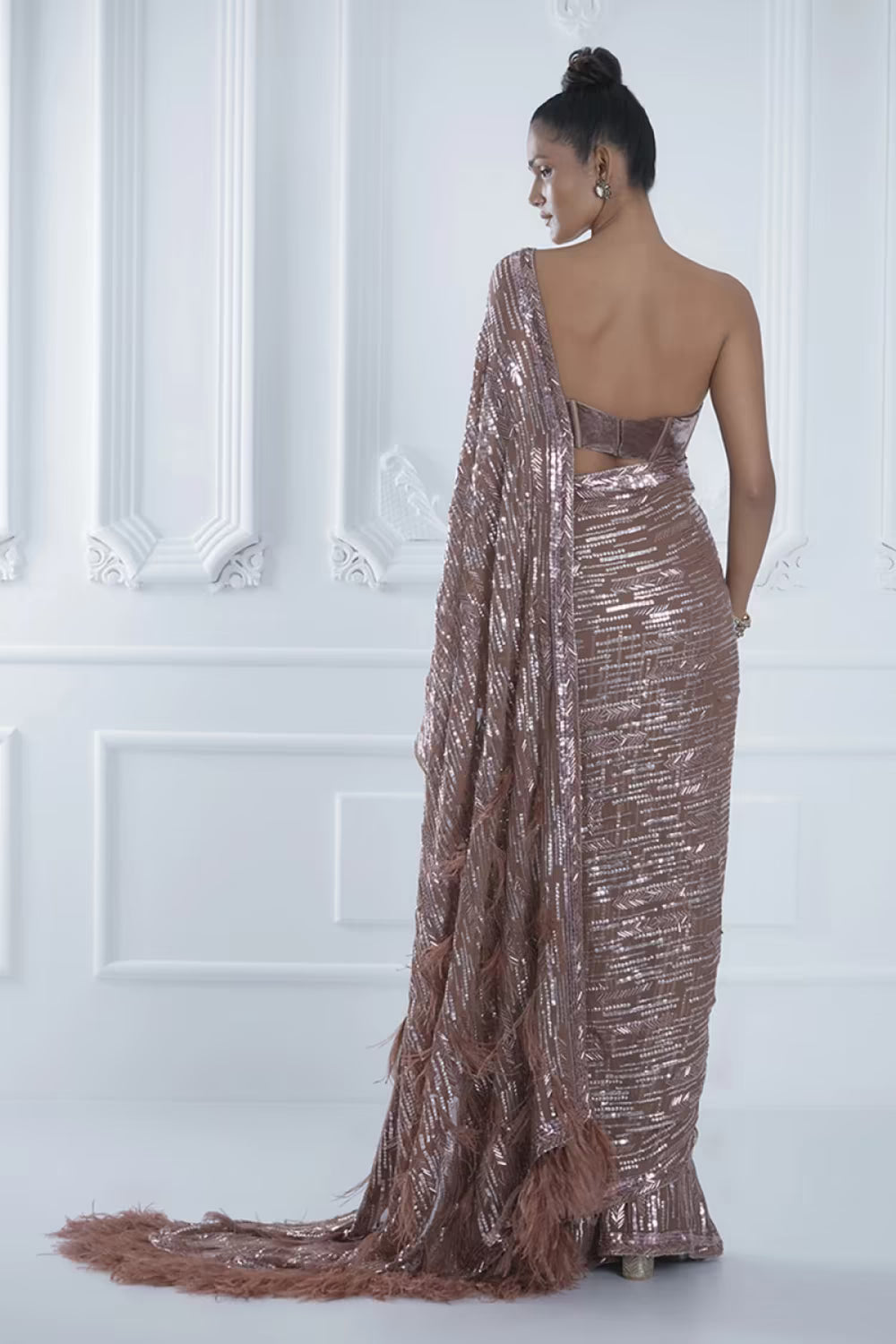 Brown Metallic Sequin and Feather Saree Set