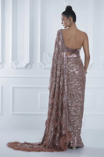 Brown Metallic Sequin and Feather Saree Set
