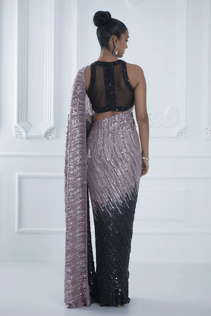 Lilac Black Sequin Saree Set