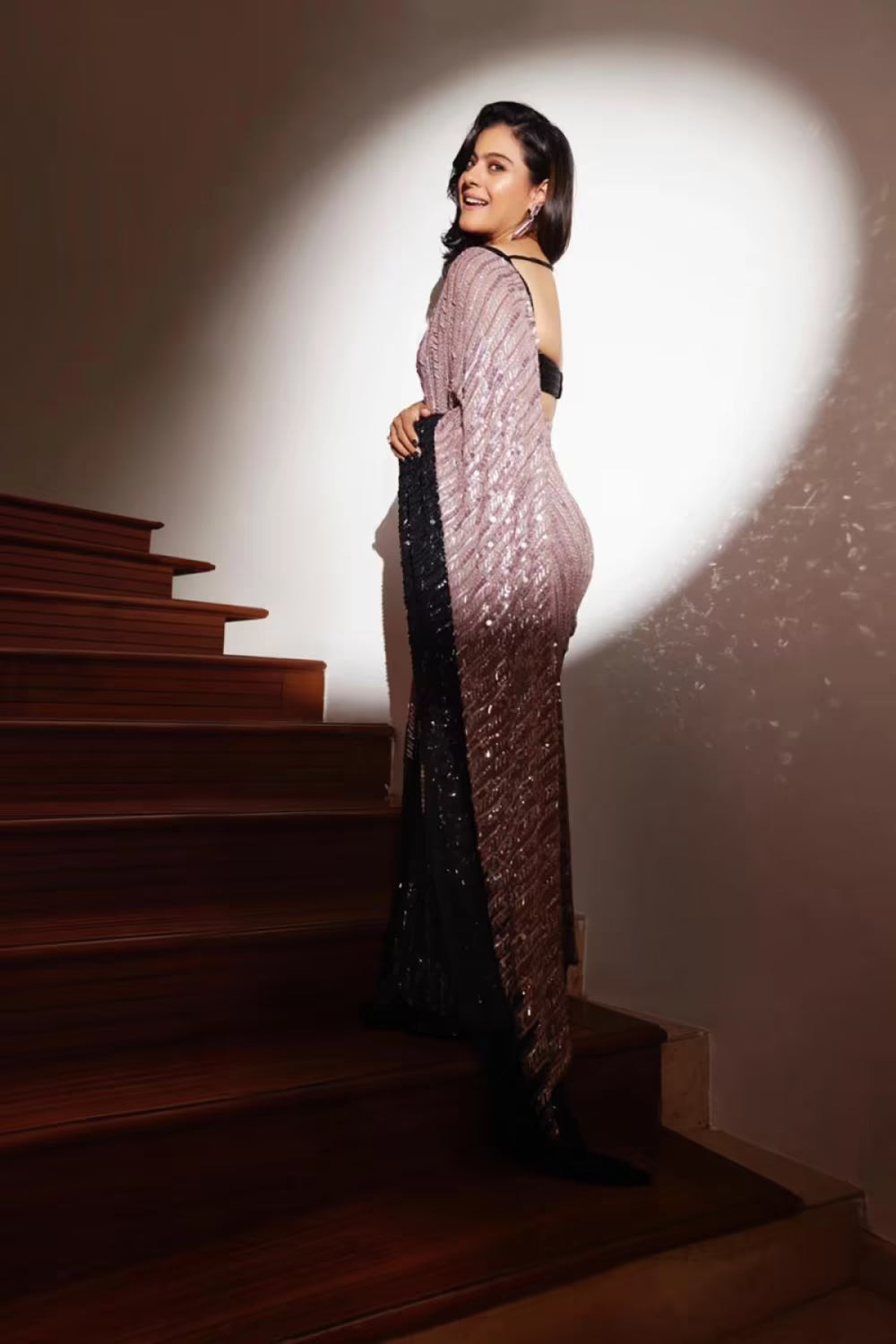 Kajol in our Lilac Black Sequin Saree Set