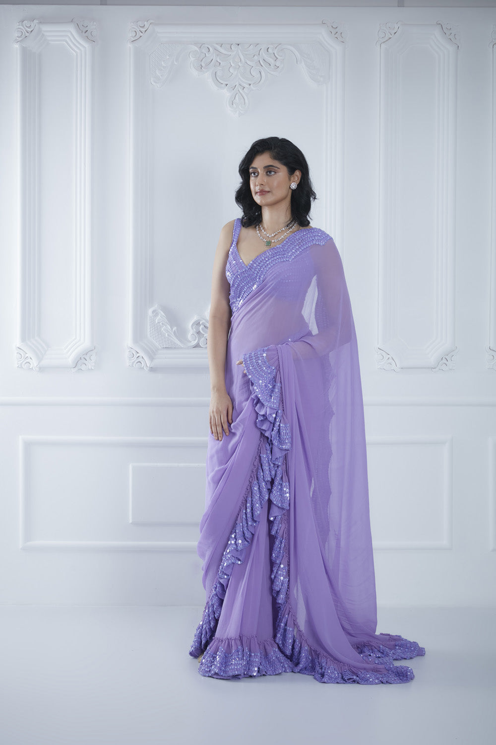 Lilac Layered Sequin Frill Saree Set