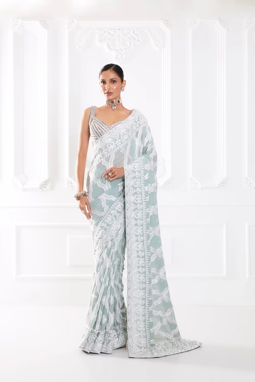 Powder Blue Kashmiri Embroidered Saree Set