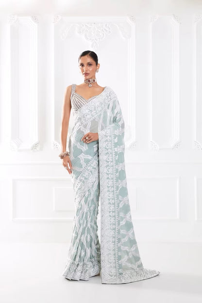 Powder Blue Kashmiri Embroidered Saree Set
