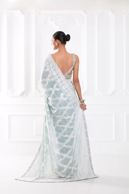 Powder Blue Kashmiri Embroidered Saree Set