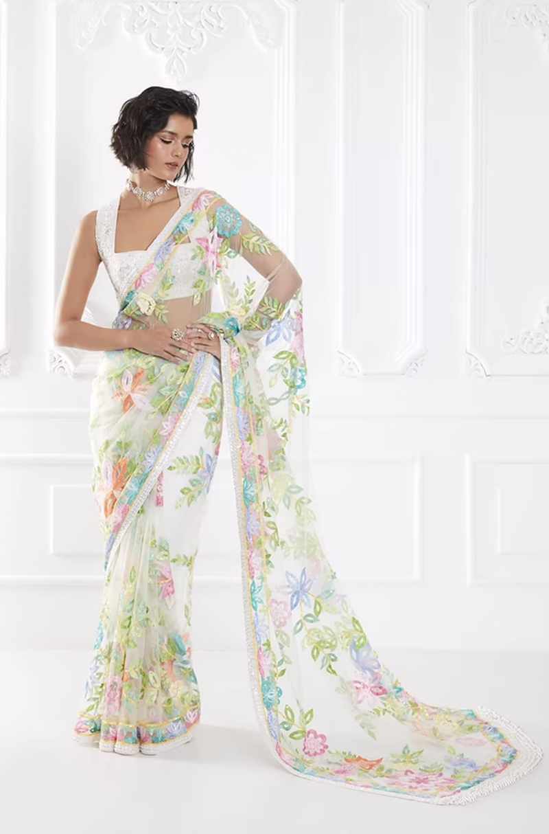 Ivory Multicoloured Net Saree Set