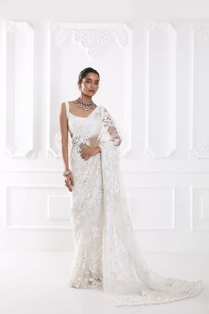 Ivory Kashmiri Embroidered Saree Set