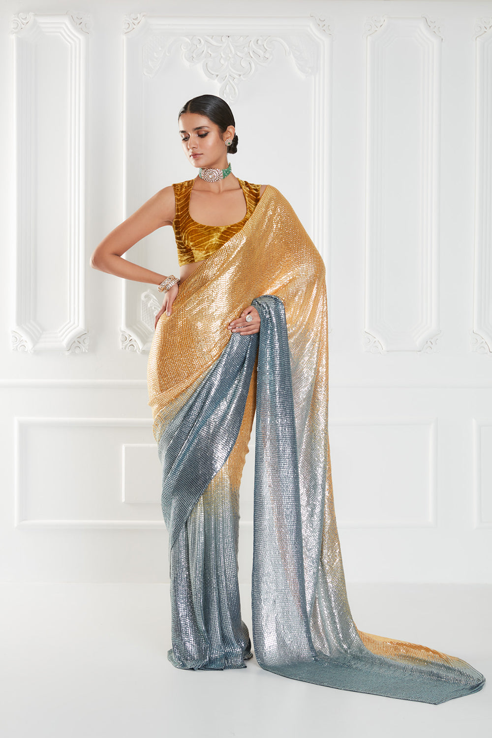 Gold & Grey Dual Color Georgette Sequin Saree