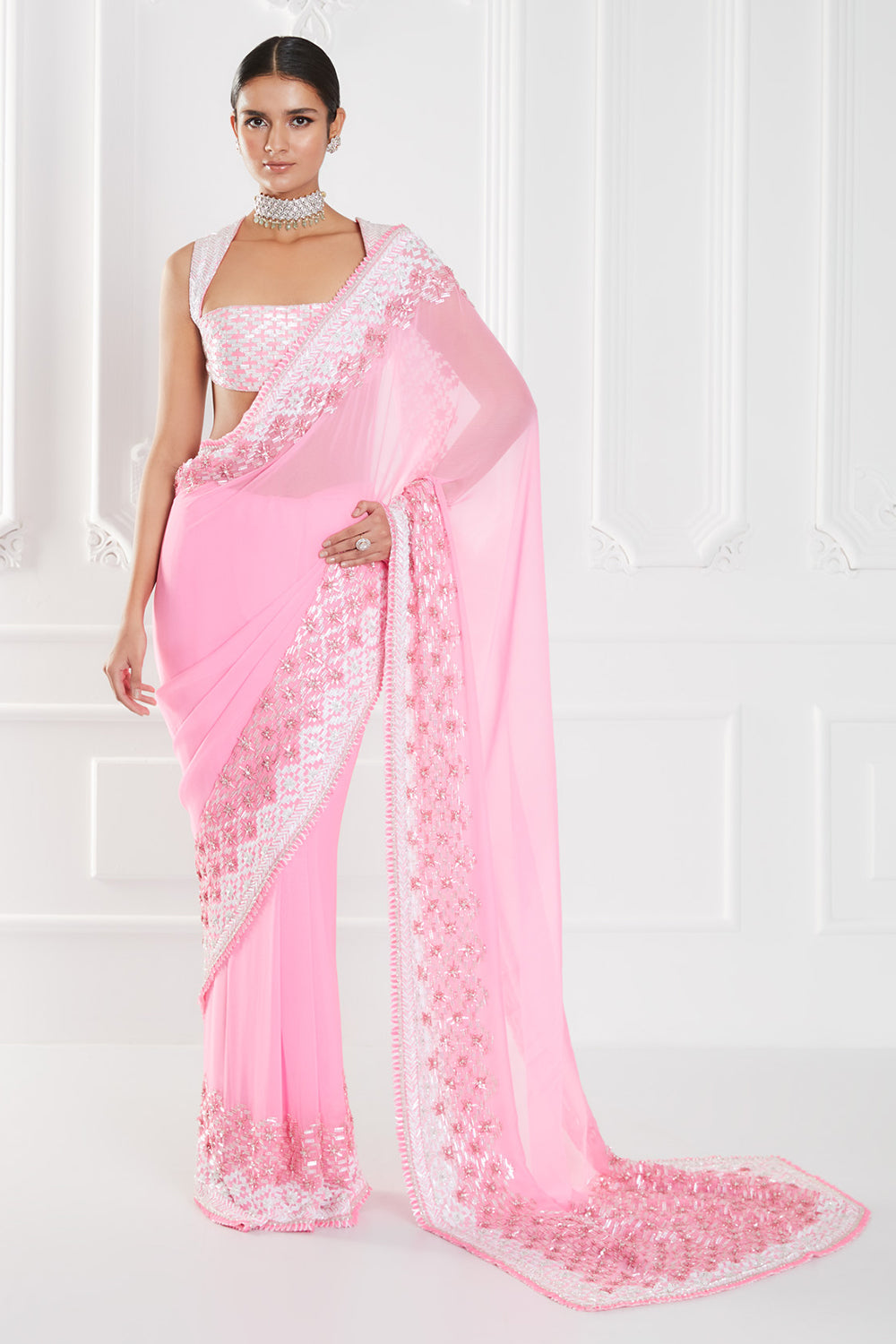 Dual Color Pink Chiffon Saree