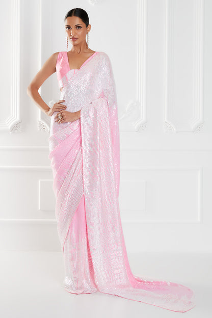 Candy Pink Chiffon Sequins Embroidered Saree Set