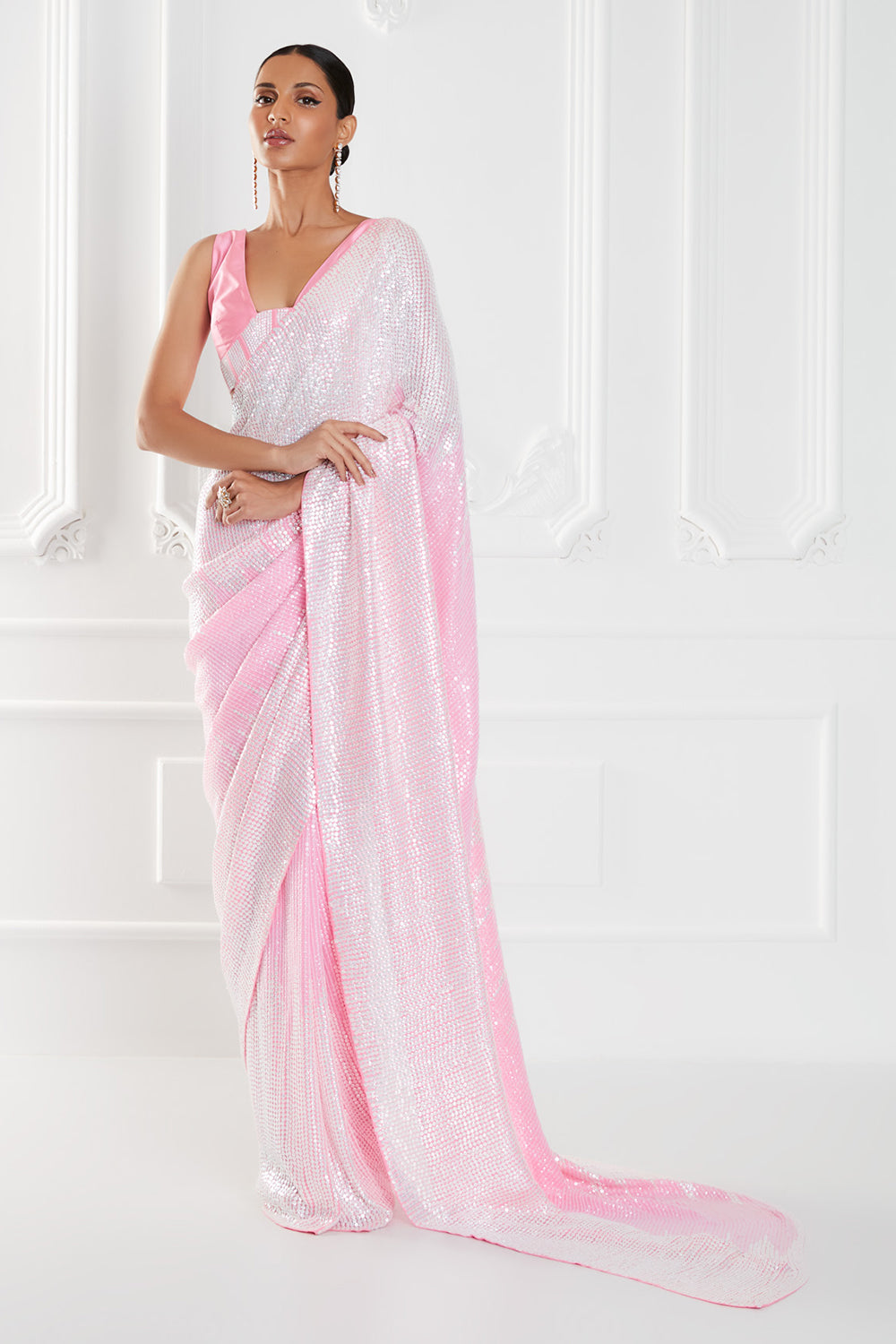 Candy Pink Chiffon Sequins Embroidered Saree Set