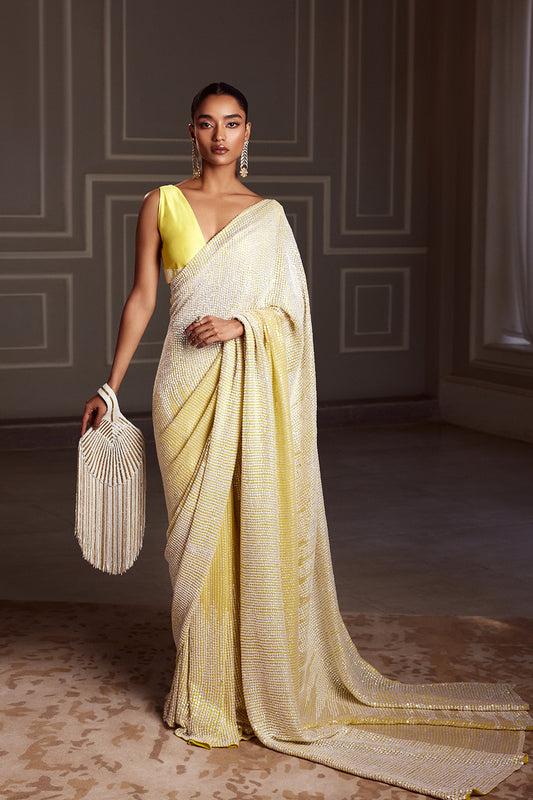 Lime Yellow OmbrÃ© Sequins Embroidered Saree Set