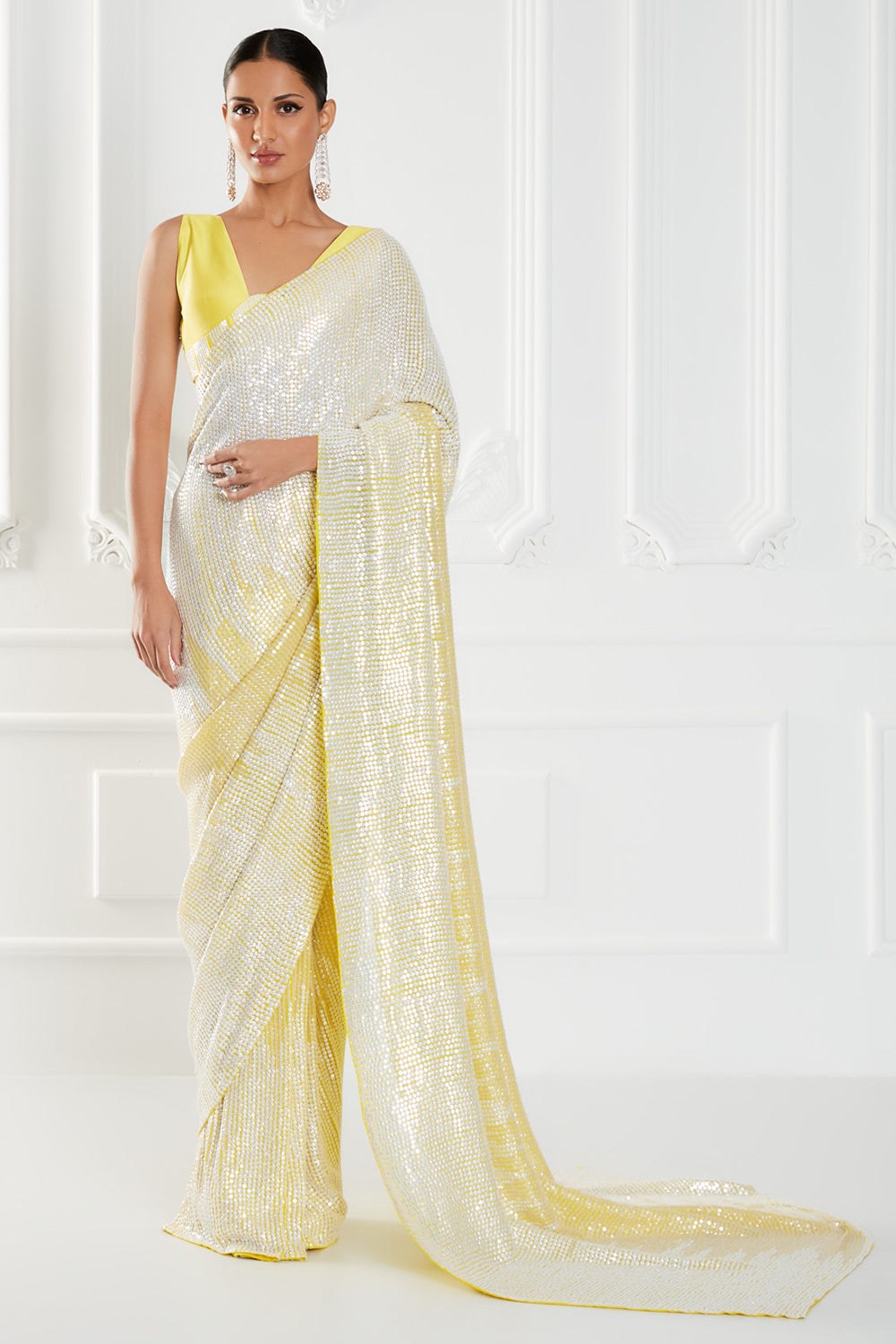 Lime Yellow OmbrÃ© Sequins Embroidered Saree Set