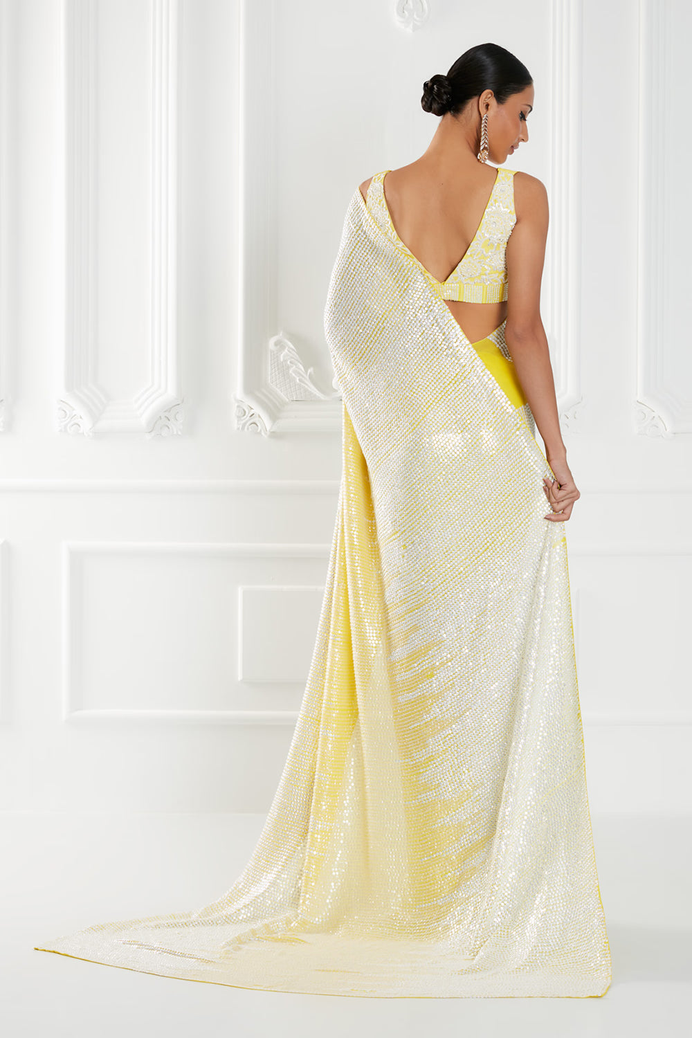 Lime Yellow OmbrÃ© Sequins Embroidered Saree Set