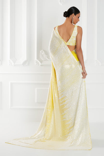 Lime Yellow OmbrÃ© Sequins Embroidered Saree Set