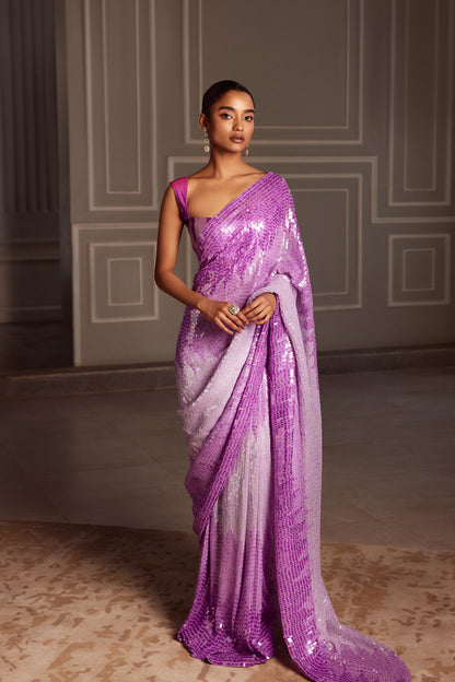 Violet Chiffon Sequin Saree Set