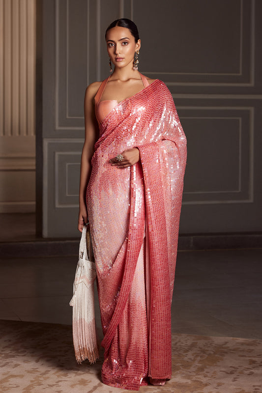 Coral Pink Chiffon Sequins Saree Set