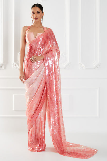 Coral Pink Chiffon Sequins Saree Set