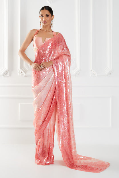Coral Pink Chiffon Sequins Saree Set