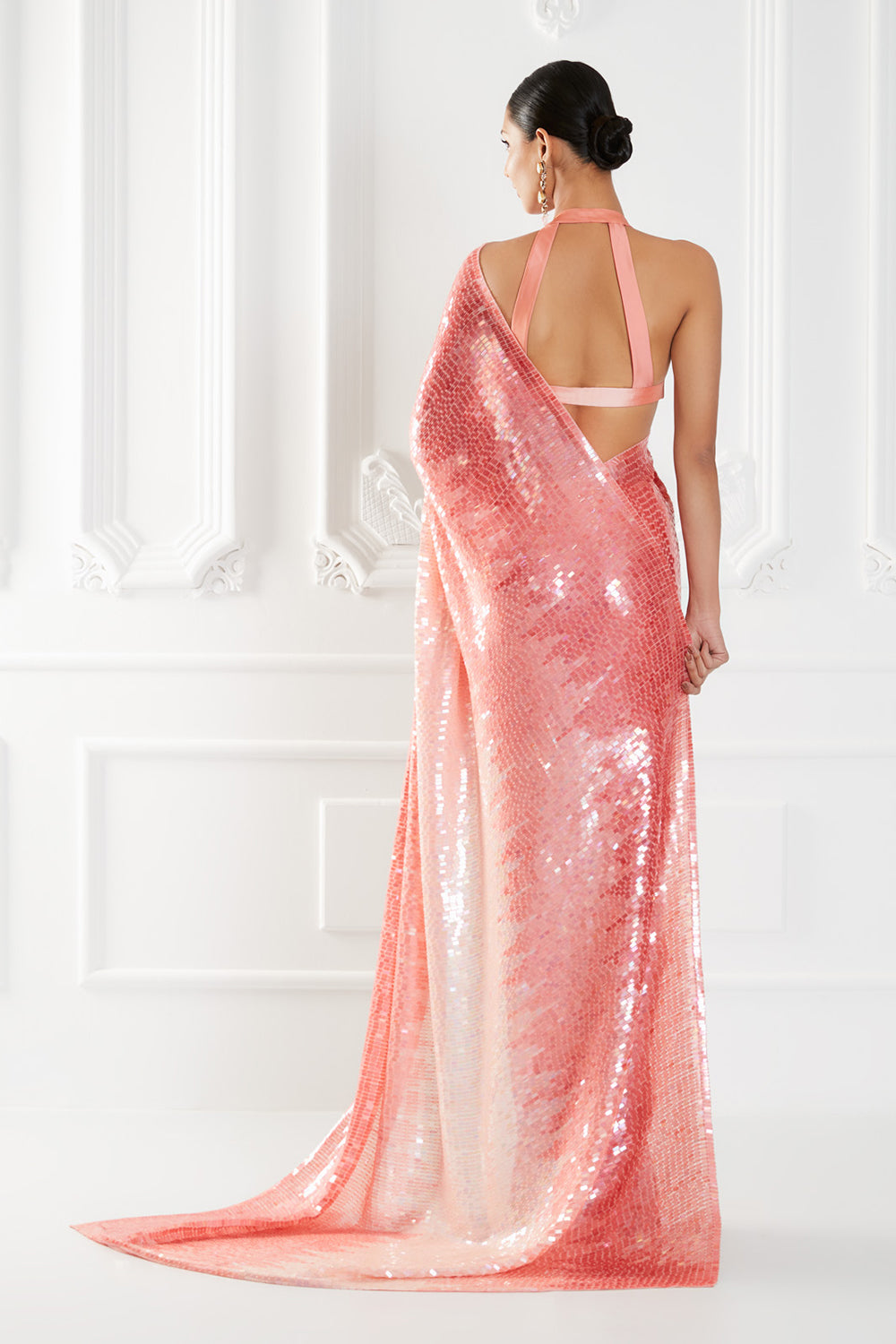 Coral Pink Chiffon Sequins Saree Set