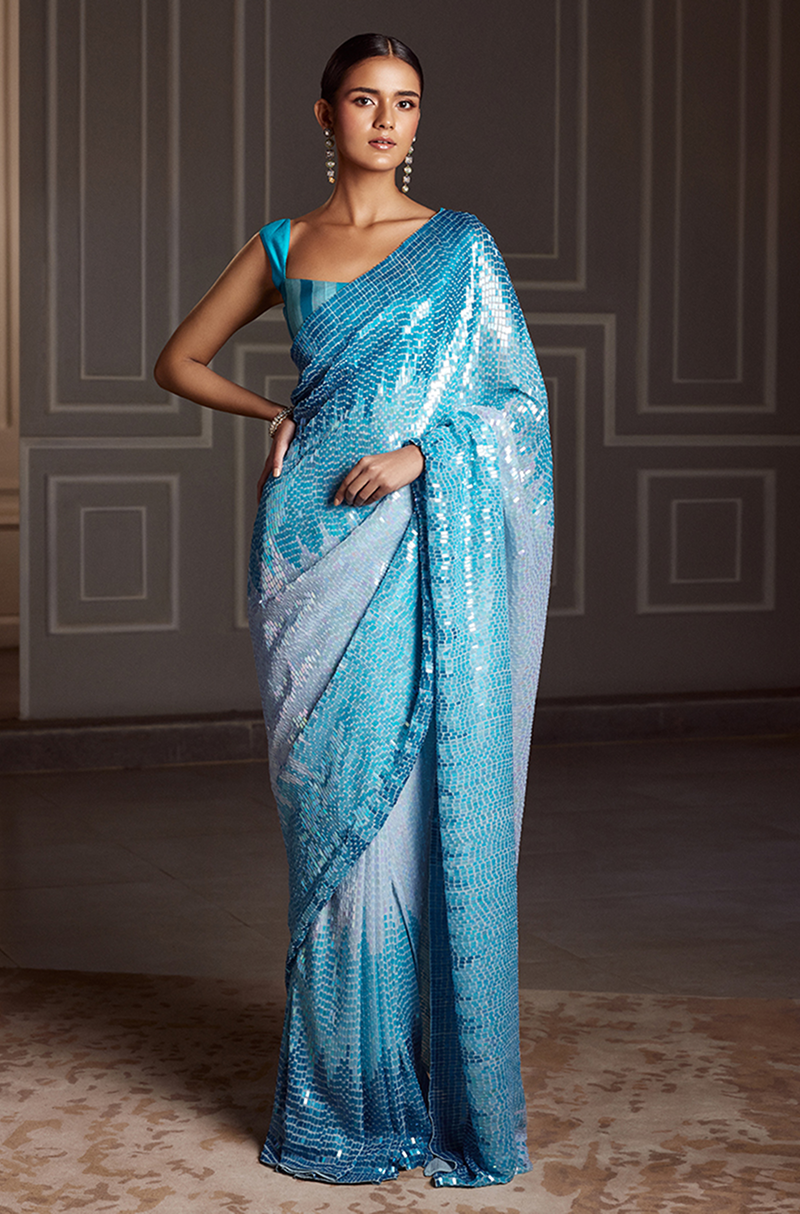 Turquoise Chiffon Sequins Embroidered Saree Set