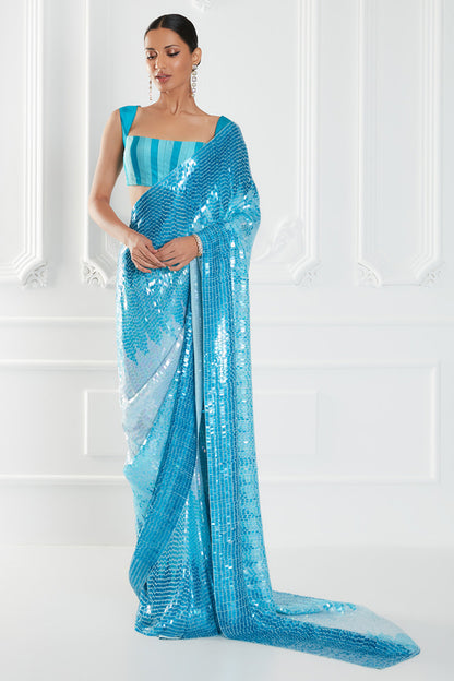 Turquoise Chiffon Sequins Embroidered Saree Set