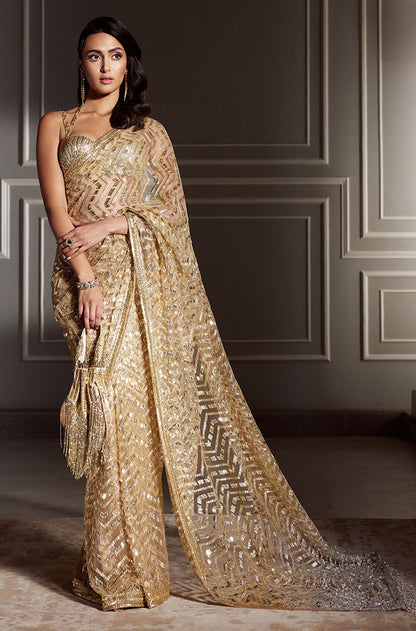 Gold Tulle Sequins Embroidered Saree Set