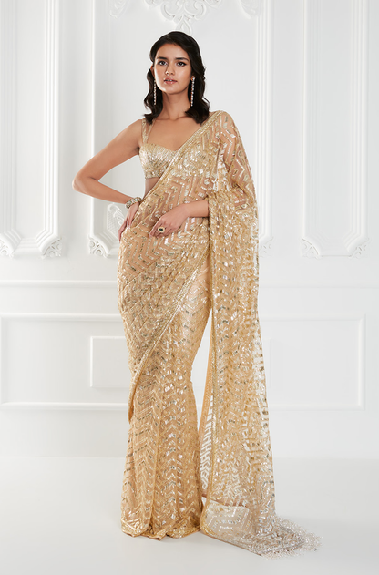 Gold Tulle Sequins Embroidered Saree Set