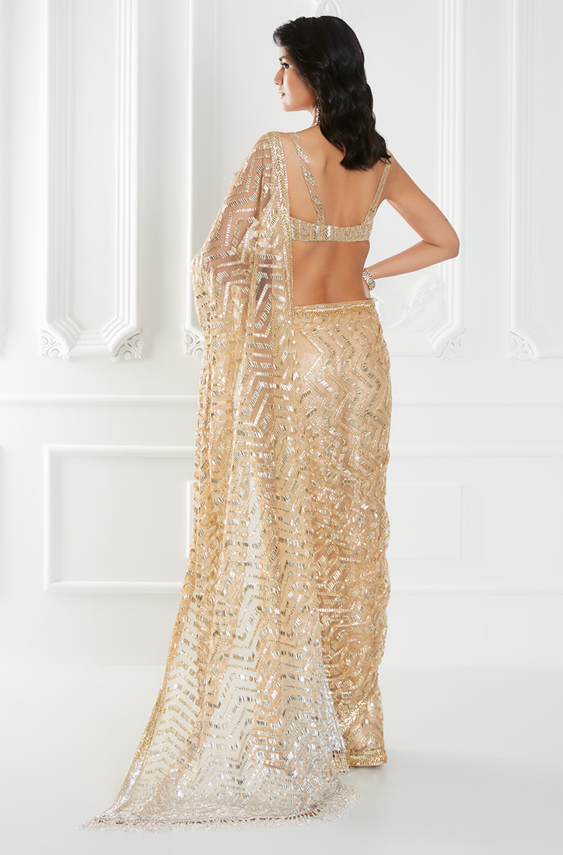 Gold Tulle Sequins Embroidered Saree Set