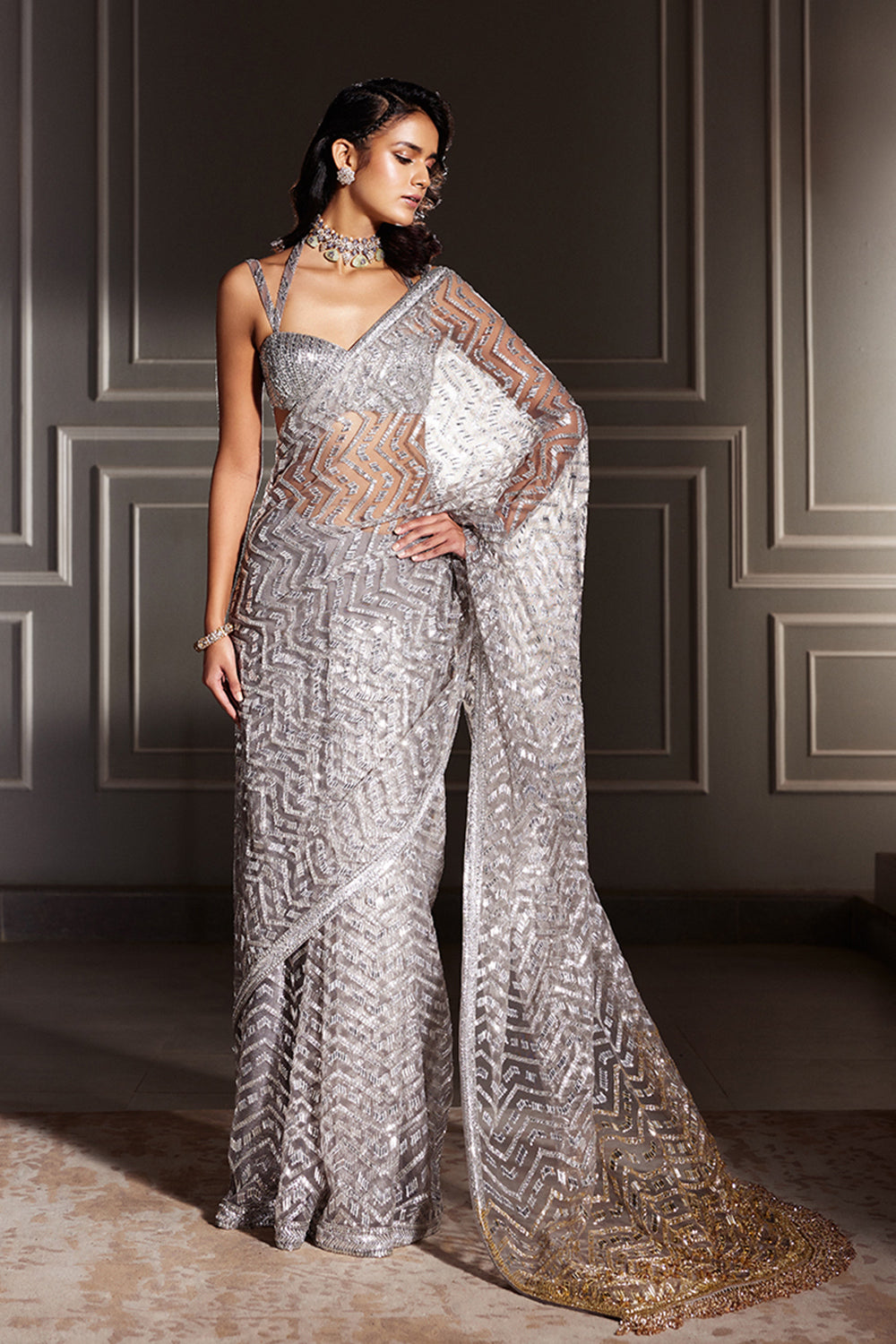 Silver Tulle Embroidered Saree Set