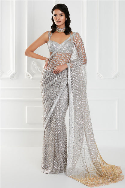 Silver Tulle Embroidered Saree Set