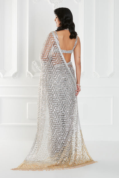 Silver Tulle Embroidered Saree Set