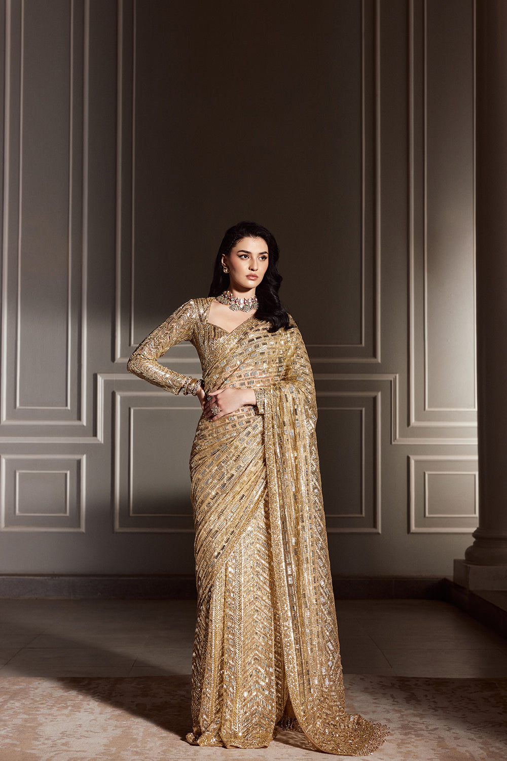 Metallic Gold Tulle Sequins Saree Set