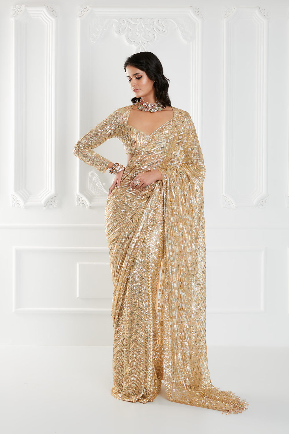 Metallic Gold Tulle Sequins Saree Set