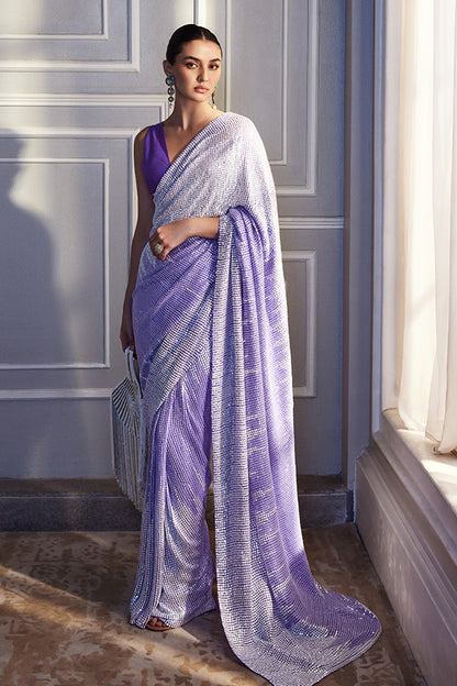 Lavender OmbrÃ© Sequins Embroidered Saree Set