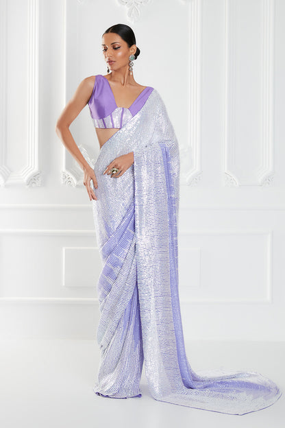 Lavender OmbrÃ© Sequins Embroidered Saree Set