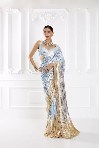 Blue to Gold Sequin Saree Set