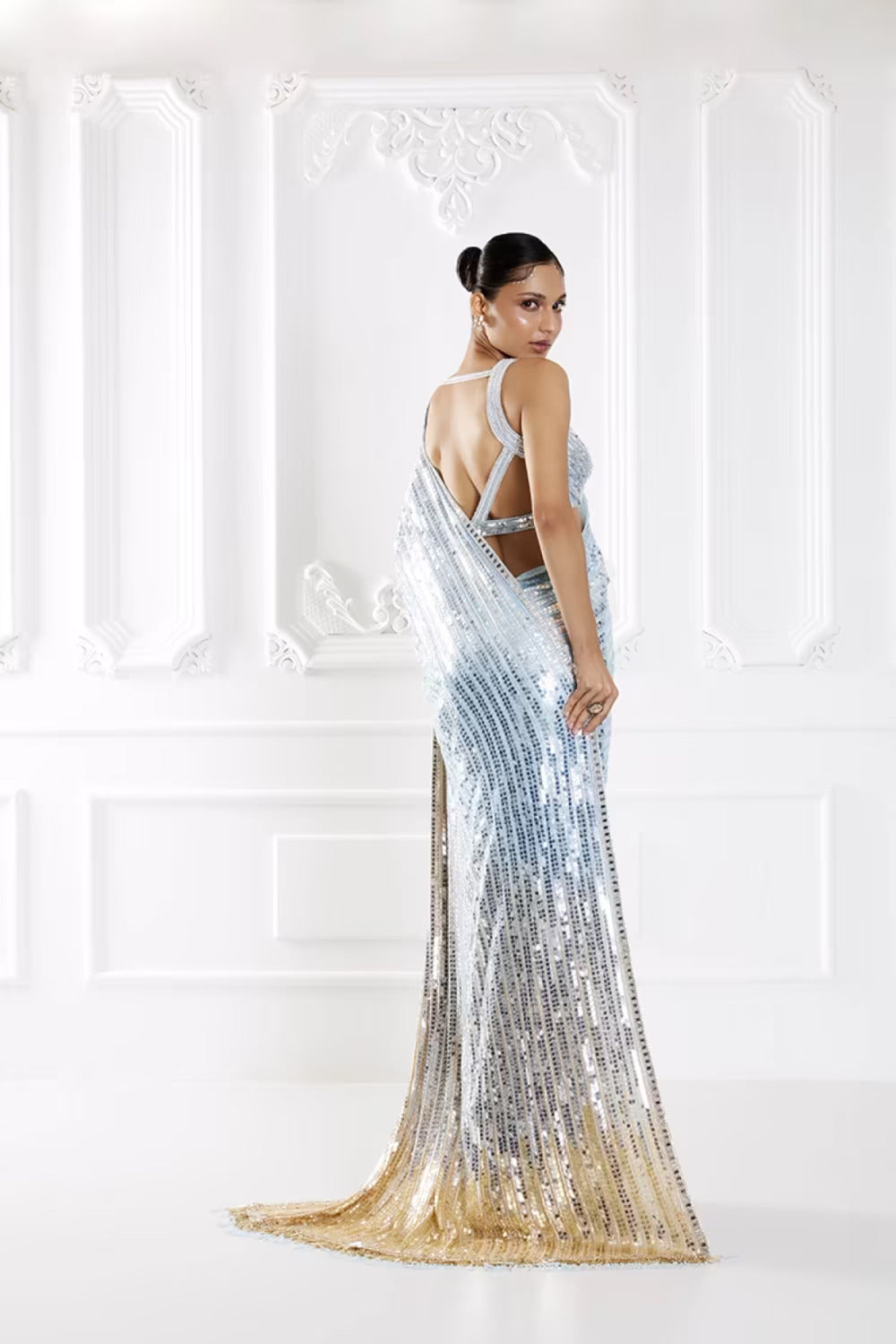 Blue to Gold Sequin Saree Set