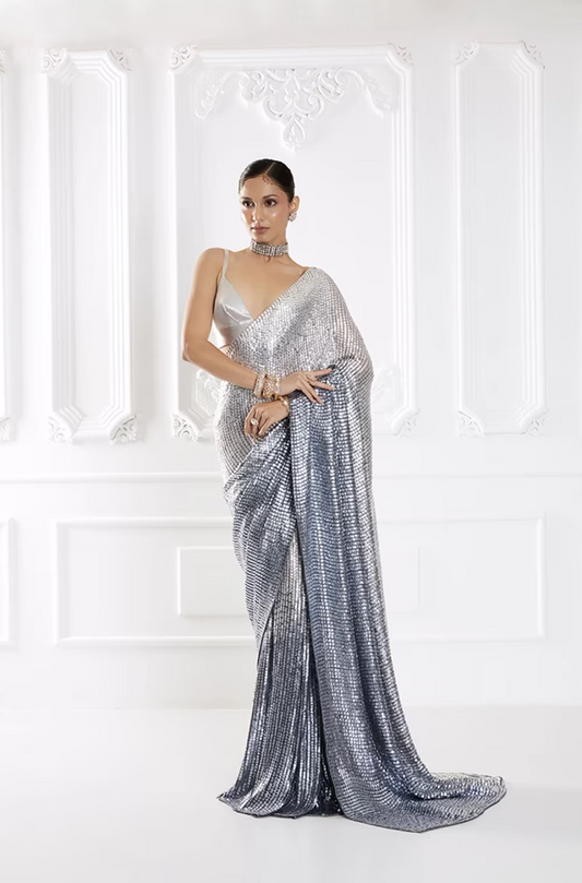 Shaded Silver Sequin Saree Set