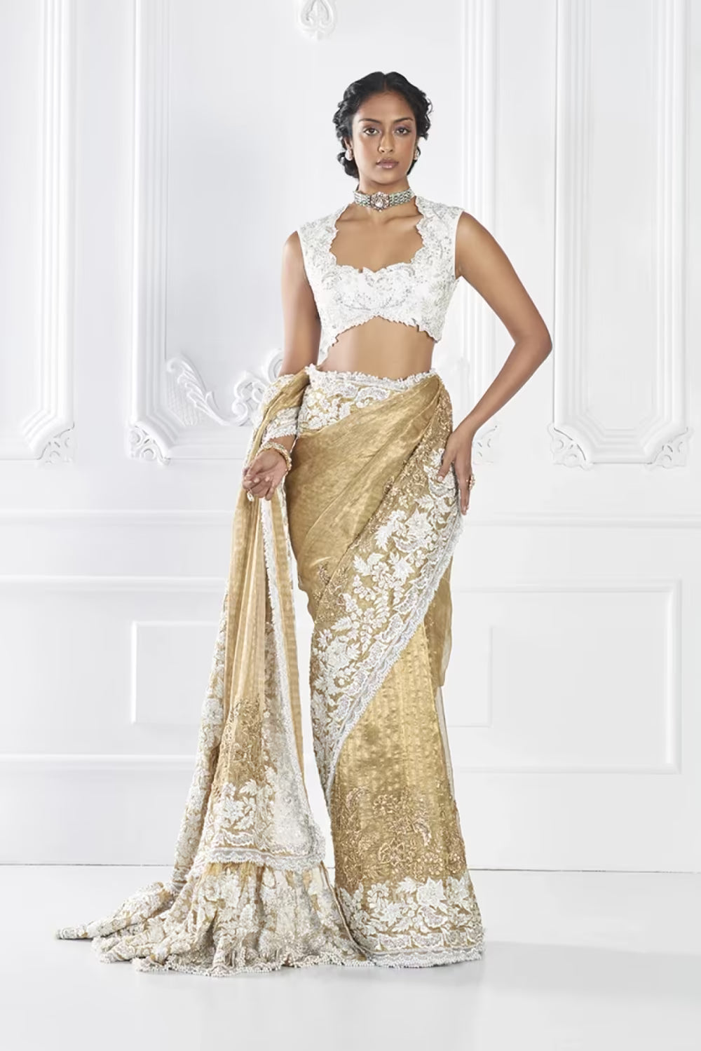 Dull Gold Ivory Embroidered Tissue Saree Set