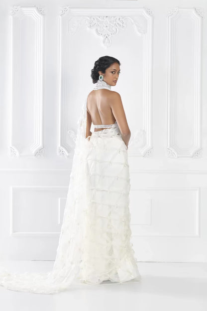 Ivory Encrusted Organza Saree Set