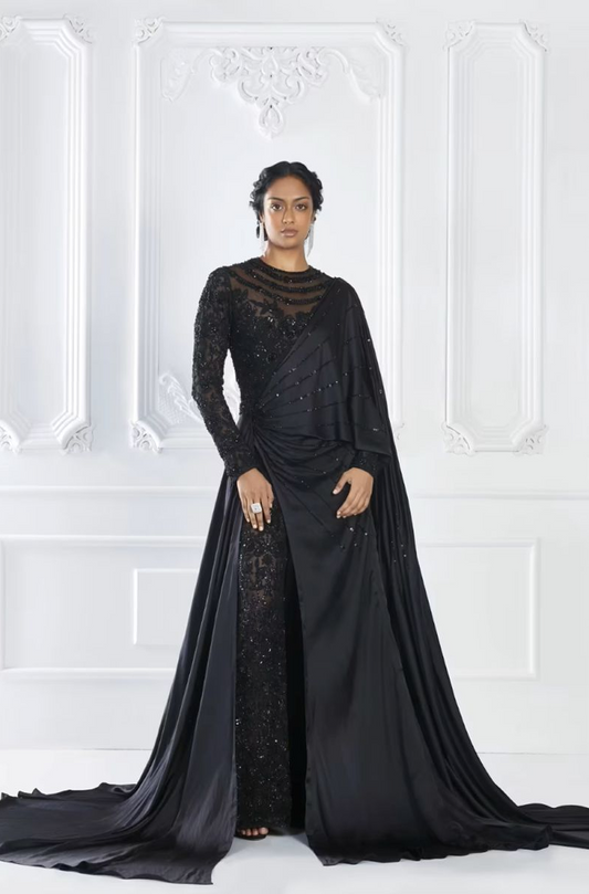 Black Embellished Saree Jumpsuit