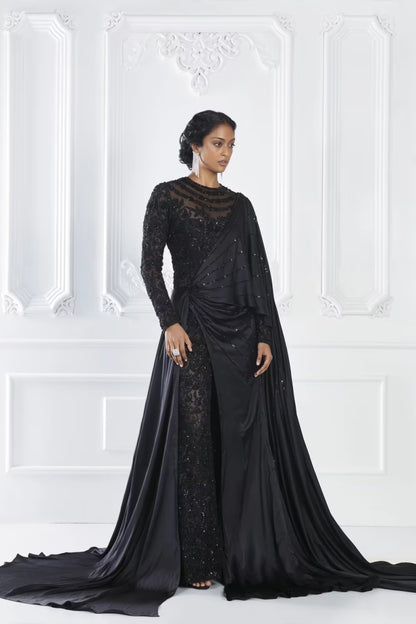 Black Embellished Saree Jumpsuit