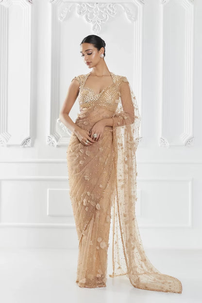 Beige 3D Floral Embellished Saree Set